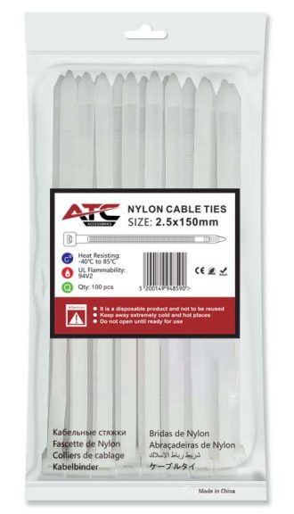 ATC Δεματικά 2.5x150mm Νάιλον Λευκά 100τμχ Σακουλάκι