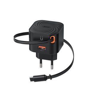XO L165 Φορτιστής Ταχείας Φόρτισης με  Ανασυρόμενο Καλώδιο Type-C & 1 Θύρα USB-A EU 20W