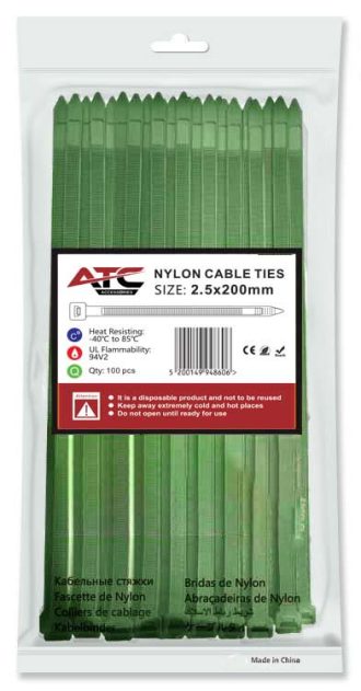 ATC Δεματικά 2.5x200mm Νάιλον Πράσινα 100τμχ Σακουλάκι