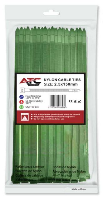 ATC Δεματικά 2.5x150mm Νάιλον Πράσινο 100τμχ Σακουλάκι